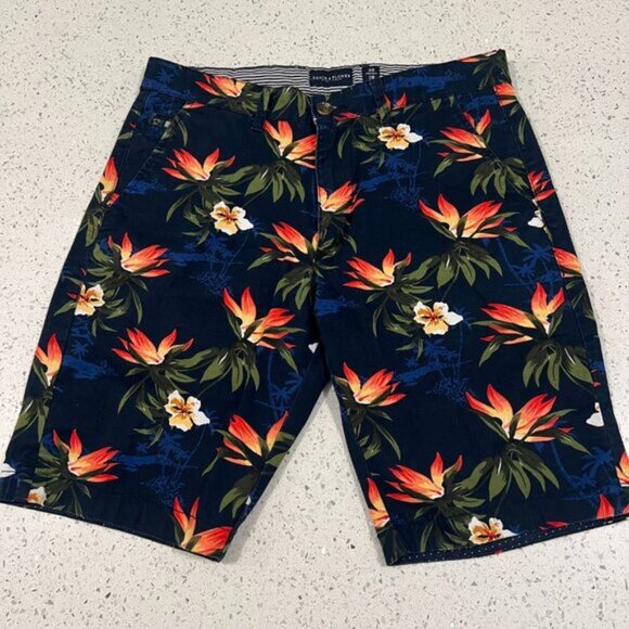 Like new DENIM FLOWER Navy Tropical Floral Chino Shorts Size 30 - Picture 1 of 14